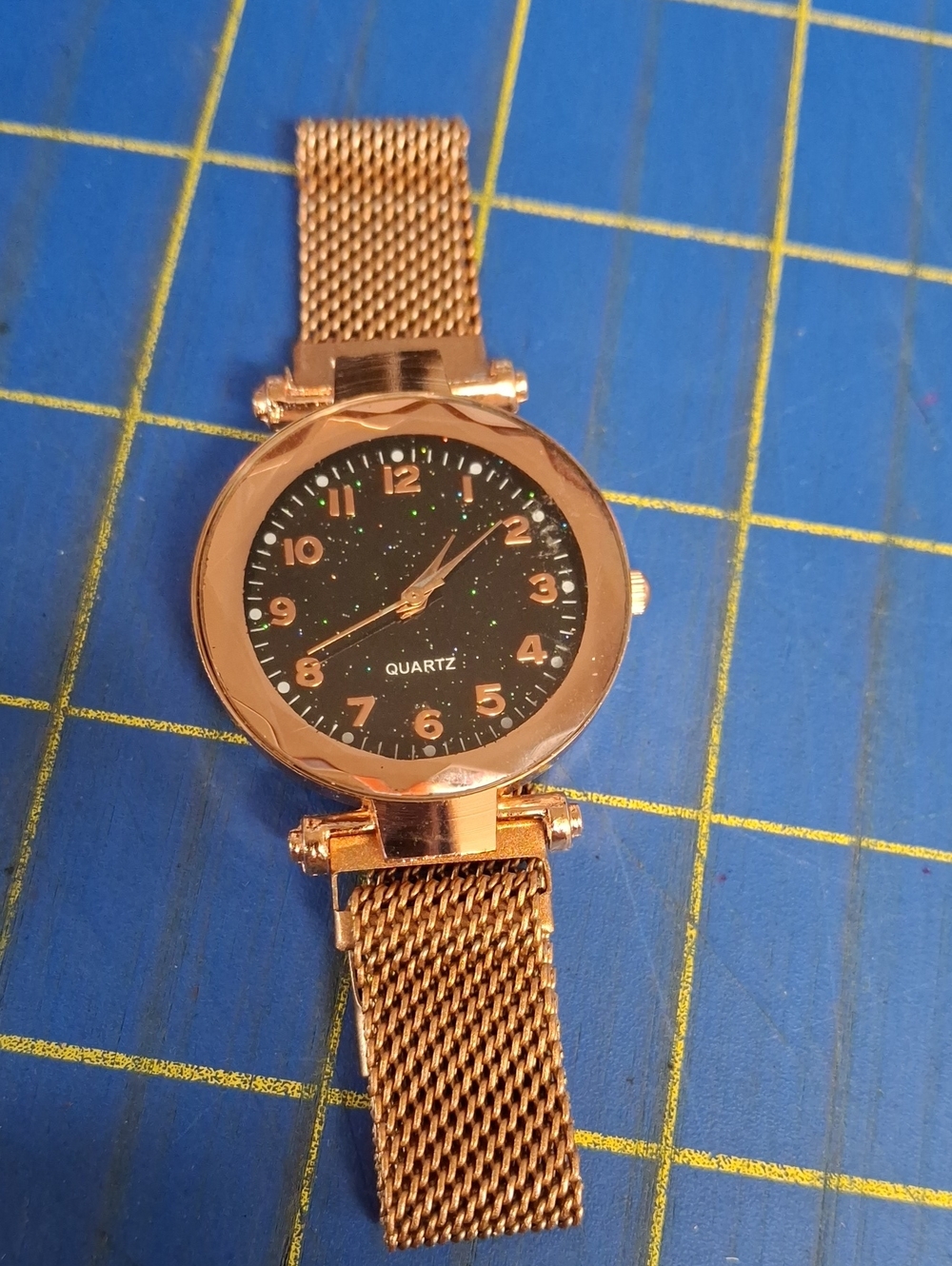 Black Face Rose Gold-Tone 8" Band Bracelet Watch New